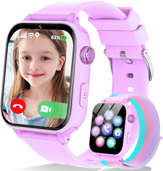 4G Kids Smart Watch Phone GPS, Smartwatch for Boys Girls Ages 4-12 Years with Video Call Chat Class Mode SOS Camera Alarm Games Parental App Touch Watch Gifts for Children (Includes SIM Card) Purple