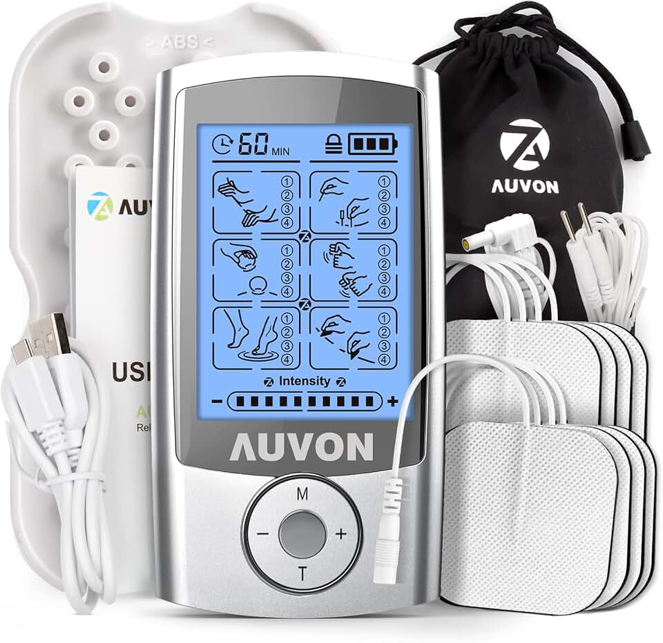AUVON 24 Modes TENS Unit Muscle Stimulator for Pain Relief, Premium Pads | Rechargeable TENS Machine, Drug-Free Pain Relief for Shoulder, Lower Back, Muscle, Physical Therapy, 8pcs Electrode Pads Global Recycled Standard