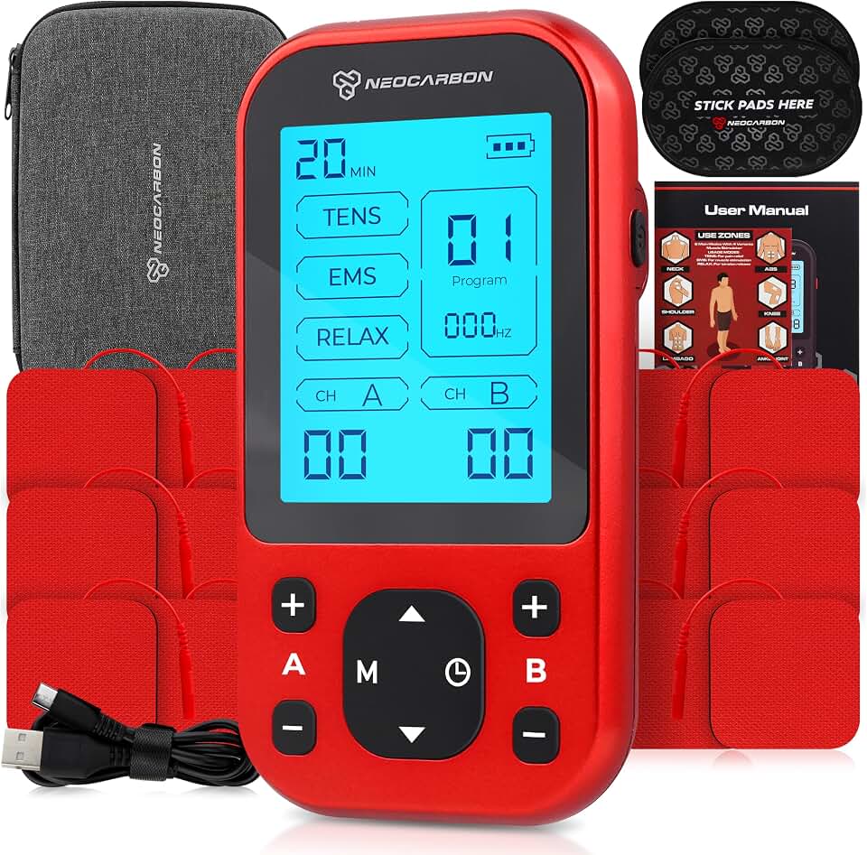 NEOCARBON TENS Unit Muscle Stimulator Pro for Back Pain Relief, Red | Versatile Pain Relief, All-in-One Kit, Portable &amp; Convenient, Pulse Massager Pain Relief Kit, Fast &amp; Efficient Charging