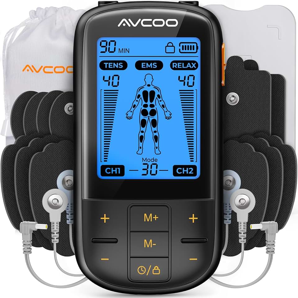 AVCOO 3-in-1 TENS Unit Muscle Stimulator with 30 Modes for Pain Relief | 40 Intensities TENS Machine for Drug-Free &amp; Gradual Back Pain Relief Therapy, EMS Unit Massager with 12 TENS Electrode Pads Global Recycled Standard