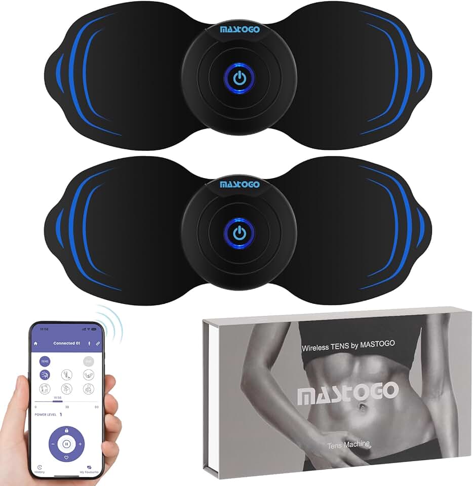 MASTOGO 12 Modes Wireless TENS Unit Muscle Stimulator for Pain Relief | App-Controlled TENS Machine, Dual Channel, Independent Control, 20 Intensity Levels, Shoulder, Neck Pain Relief, 8 PCS Pads