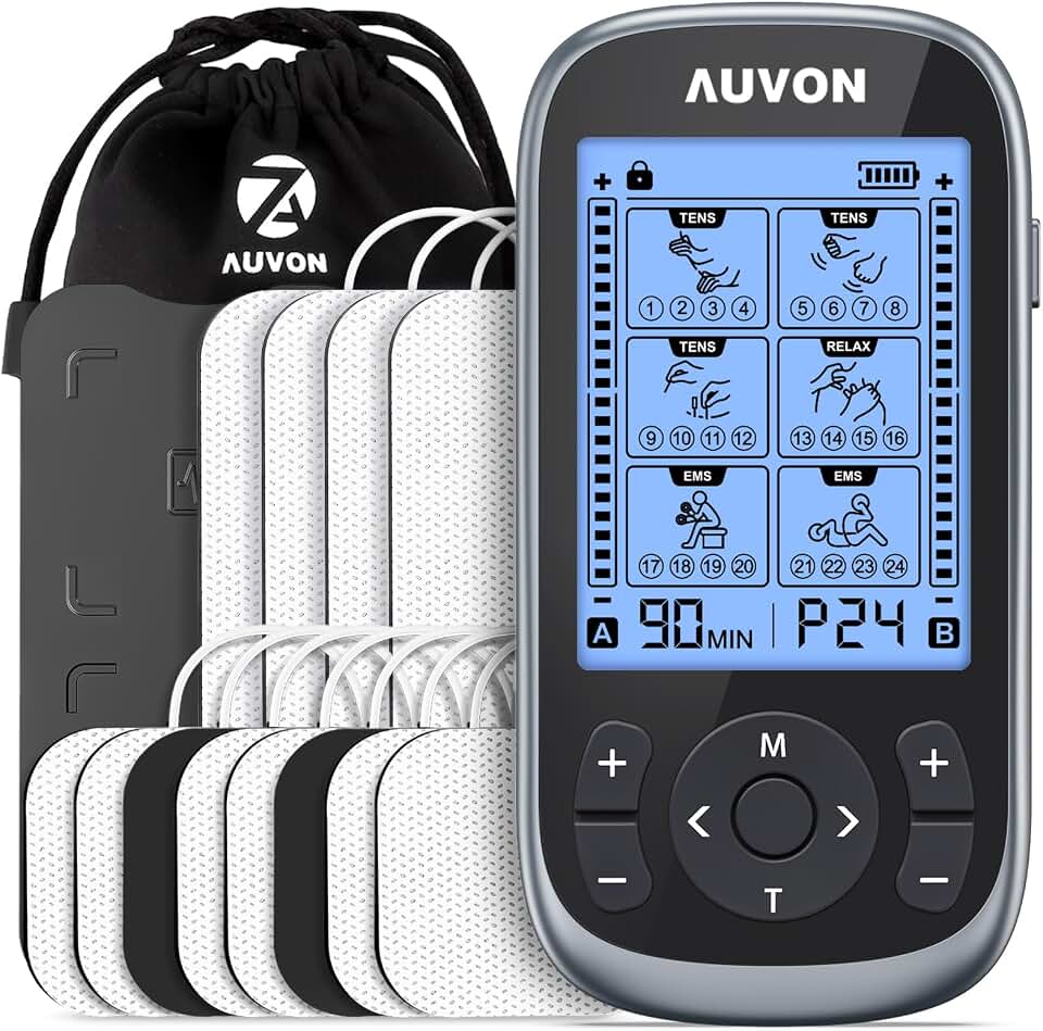 AUVON 3-in-1 TENS Unit Muscle Stimulator, 40 Levels for Gradual Pain Relief | EMS Massage Machine, Drug-Free for Shoulder, Sciatica, Back Pain Relief, 24 Modes Electronic Pulse Massager, 12 TENS Pads Global Recycled Standard