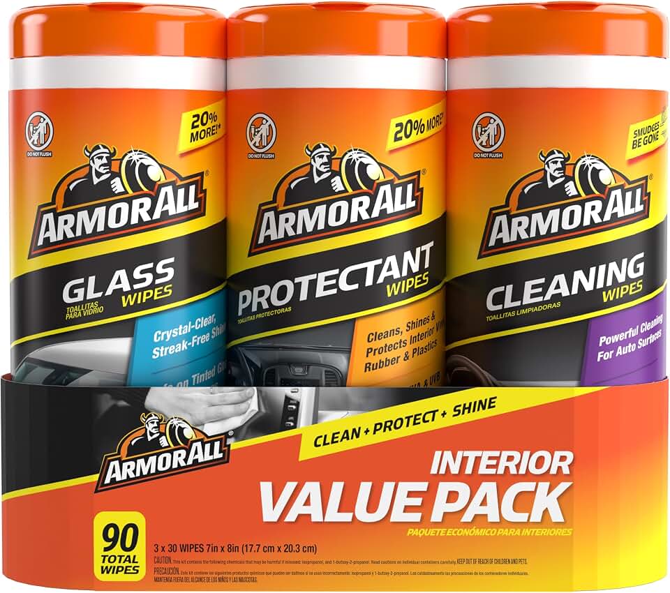 Armor All Car Interior Value Pack, 90 Count, Auto Cleaning Wipes | Car cleaning wipes, glass wipes for screens, windows and mirrors, protectant for vinyl and plastic, 30 count per pack