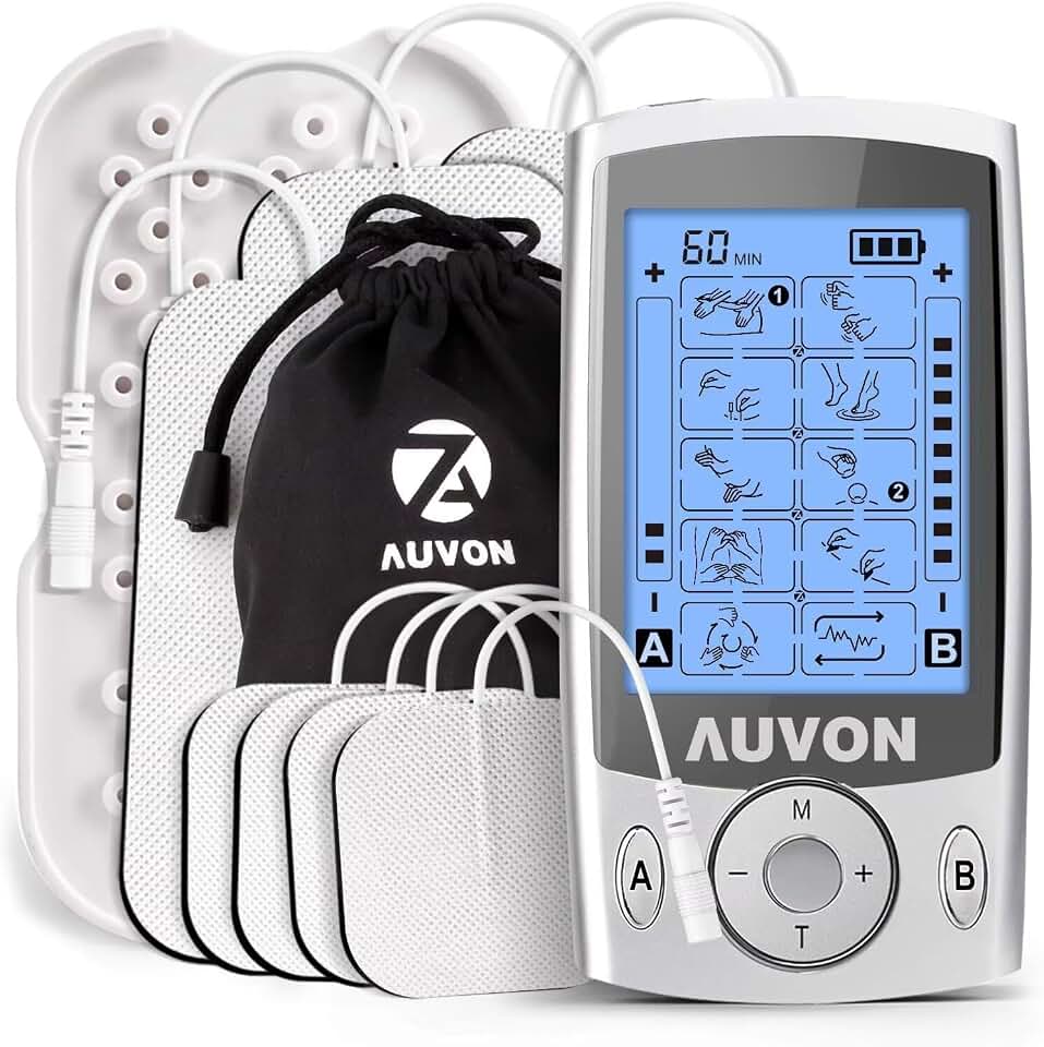 AUVON Dual Channel TENS Unit Muscle Stimulator Machine with 20 Modes, 2" and 2"x4" TENS Unit Electrode Pads Global Recycled Standard