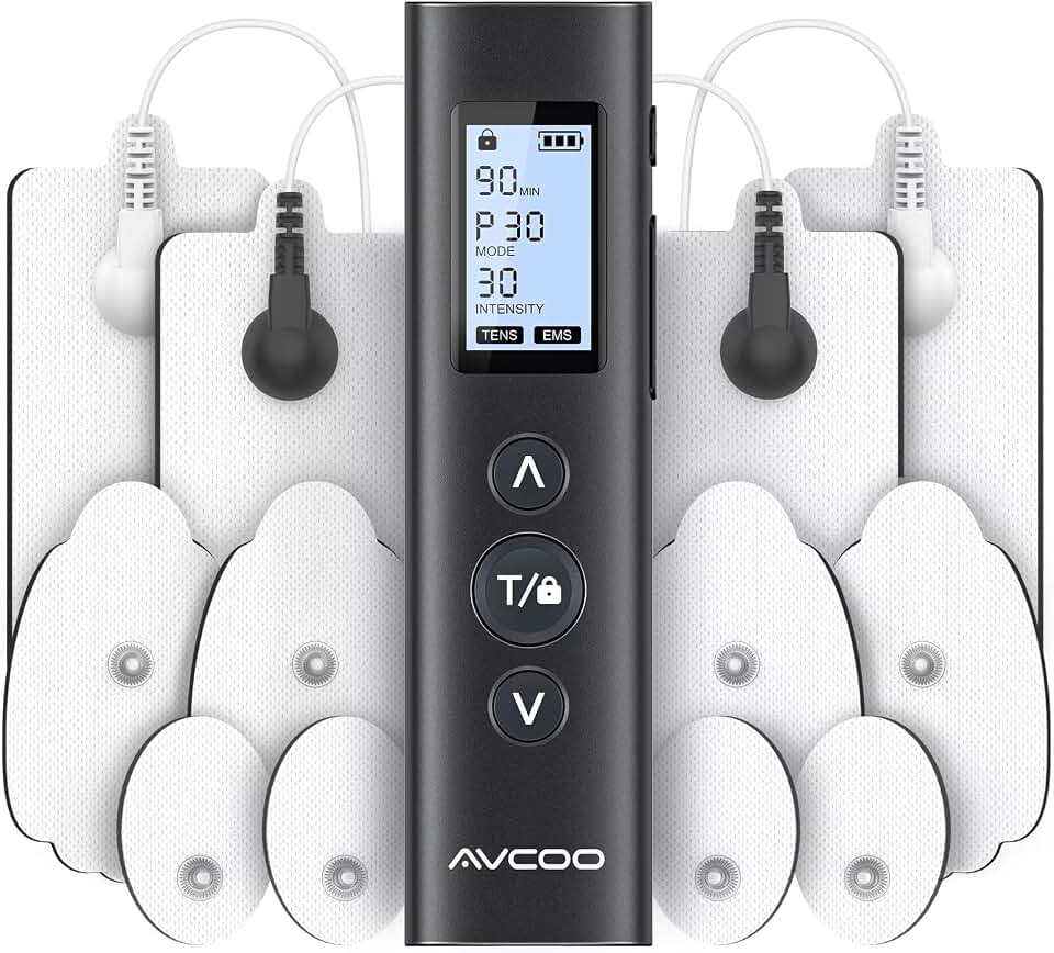 AVCOO 30 Modes TENS EMS Unit Muscle Stimulator for Pain Relief, 12 Pcs Pads | Compact Dual Channel EMS Muscle Stimulator for Back, Shoulder, Neck Pain Relief, Physical Therapy, 30 Intensity Levels Global Recycled Standard
