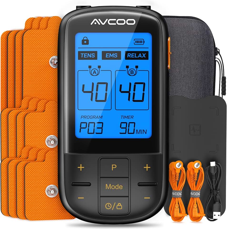 AVCOO 3-in-1 TENS Unit with EMS &amp; Relax for Pain Relief, 32 Modes, EVA Case | EMS Muscle Stimulator with 40 Levels for Gradual Lower Back Pain Relief Therapy, Electronic Pulse Massager, 12 Electrode Pads Global Recycled Standard