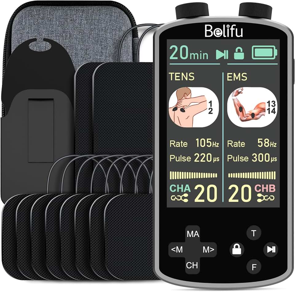 TENS EMS Unit Muscle Stimulator for Pain Relief Therapy - 4 in 1 TENS EMS Relax Custom Frequency+Pulse - Muscle Massager 36 Modes 20 Intensity, Memory &amp; Favorites Function, 3.8" Color Display - Gray