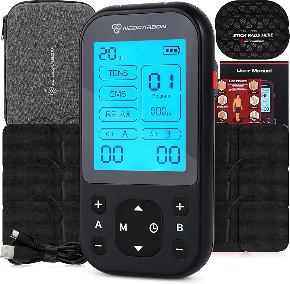 NEOCARBON TENS Unit Muscle Stimulator Pro for Back Pain Relief, Black | Versatile Pain Relief, All-in-One Kit, Portable &amp; Convenient, Pulse Massager Pain Relief Kit, Fast &amp; Efficient Charging
