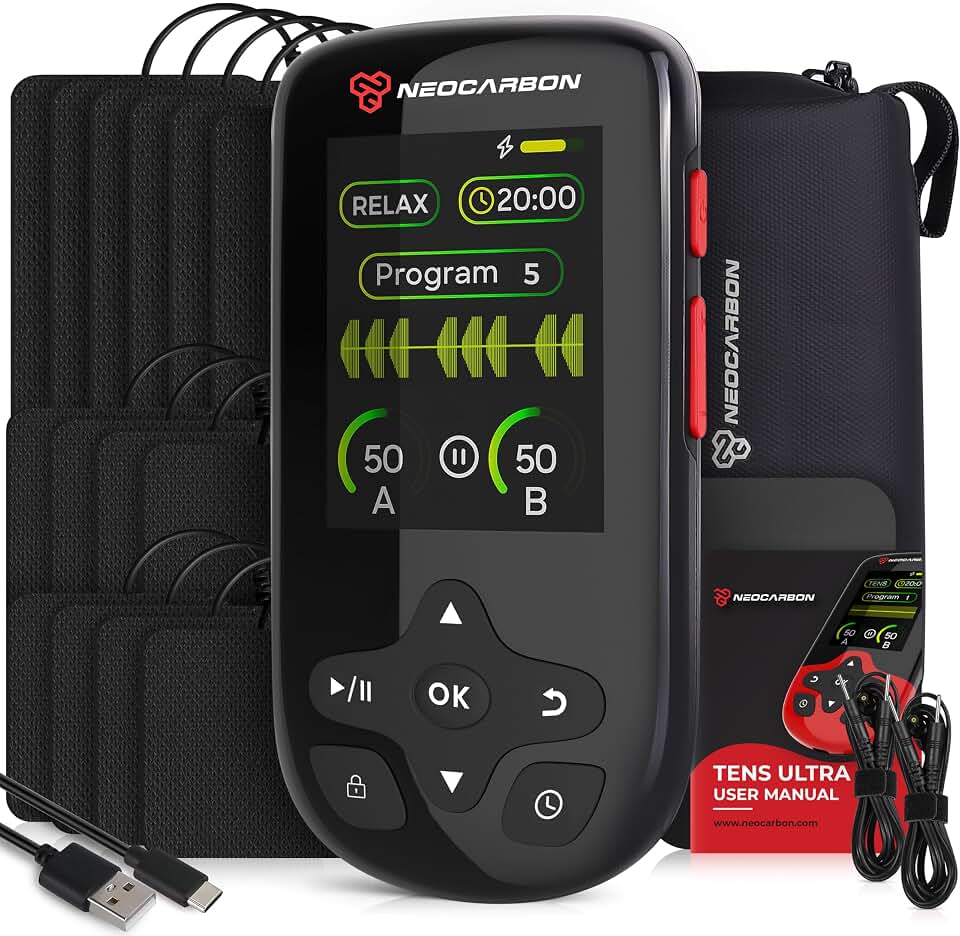 NEOCARBON TENS Unit Muscle Stimulator Ultra for Pain Relief, Black | Pain Relief &amp; Muscle Recovery, PMS Steady Mode, Ultra Performance &amp; Color Screen, Dual Channel &amp; Accessories Kit