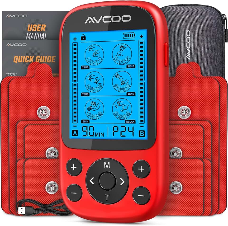 AVCOO 3-in-1 TENS Unit Muscle Stimulator for Pain Relief, 24 Modes, EVA Bag | Electronic Massager Machine with 40 Levels for Gradual Shoulder, Neck, Lower Back Pain Relief, Physical Therapy, 12 Pads, Red Global Recycled Standard