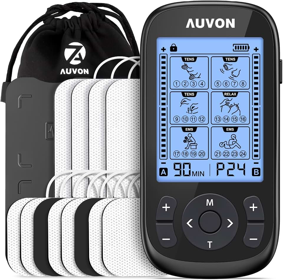 AUVON 3-in-1 TENS Unit Muscle Stimulator, 40 Levels for Gradual Pain Relief | EMS Massage Machine, Drug-Free for Shoulder, Sciatica, Back Pain Relief, 24 Modes Electronic Pulse Massager, 12 TENS Pads Global Recycled Standard