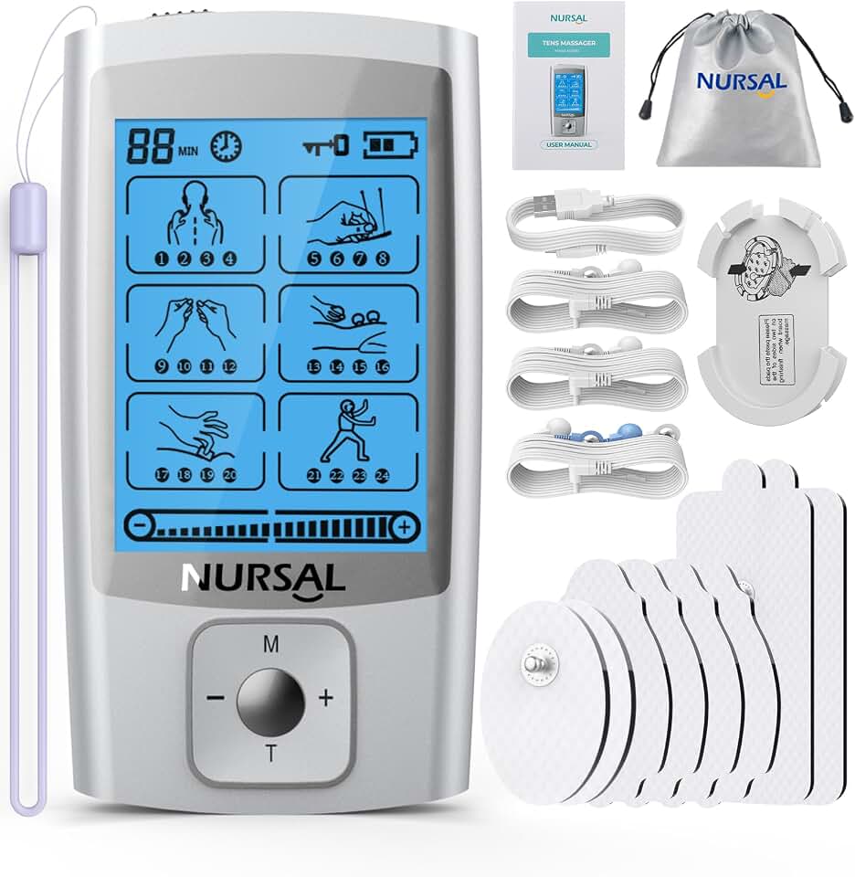 NURSAL 24 Modes TENS Unit Muscle Stimulator for Pain Relief, Rechargeable Electronic Pulse Massager, 8 Pcs Pads, Drug-Free Pain Relief for Shoulder, Back, Muscle, ABS Pads Holder Global Recycled Standard