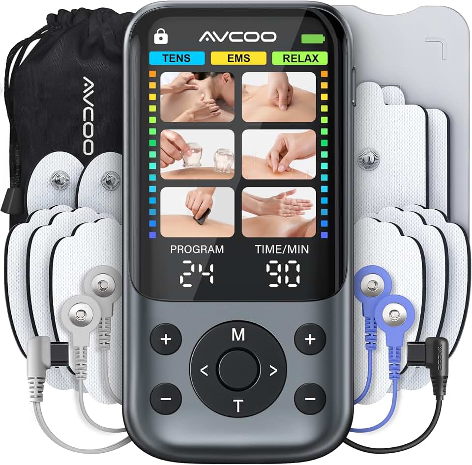 AVCOO Color Screen 24 Modes TENS Unit Muscle Stimulator for Pain Relief | 3-in-1 EMS Massage Machine for Shoulder, Back Pain Relief Therapy, 30 Levels, Dual-Channel Electronic Pulse Massager, 10 Pads Global Recycled Standard