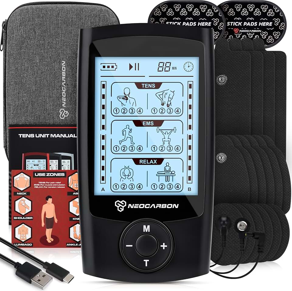 NEOCARBON TENS Unit Muscle Stimulator, Pulse Massager Machine, Black | All in One Kit, Pain Relief at Home, TENS &amp; PMS Muscle Stimulator, Pulse Massager for Nerve &amp; Muscle Pain Relief