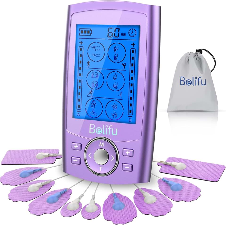 Belfiu TENS &amp; PMS 24 Modes Muscle Stimulator for Pain Relief Therapy, Electronic Pulse Massager Muscle Massager with 10 Pads, Dust-Proof Drawstring Storage Bag, Fastening Cable Ties