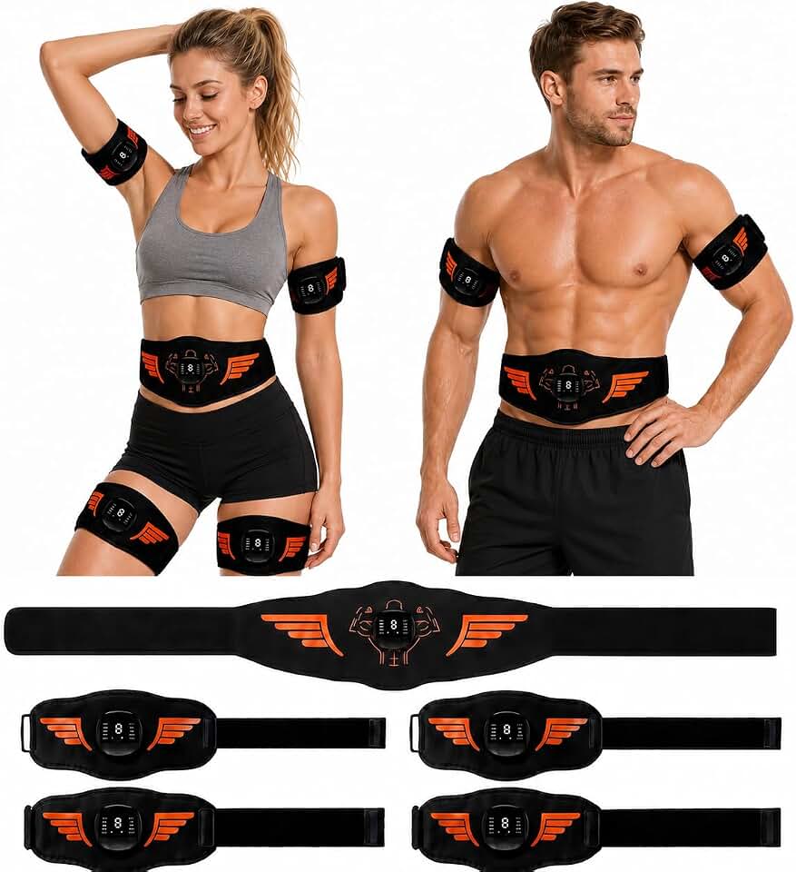 EMS Muscle Stimulator 5-Piece Set, Rechargeable ABS Stimulator &amp; Ab Toning Belt for Abdomen, Arms and Legs, Muscle Toner Workout Equipment for Core Training for Men &amp; Women, Body Sculpting &amp; Fitness