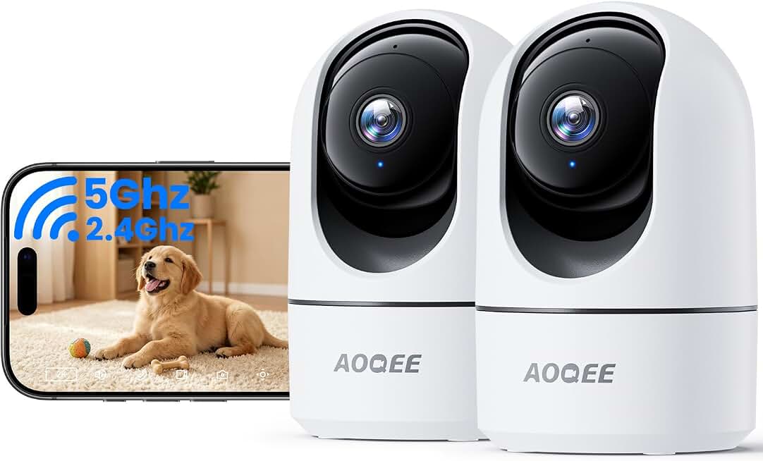 AOQEE 5G Cameras for Home Security Indoor, Pet Monitor w/Phone APP G5 2Pcs | Dual-Band Wi-Fi Indoor Camera with 24/7 TF Card Storage, 360 PTZ Auto-Tracking Pet/Dog/Cat/Puppy/Nanny, Motion Alert, Plug-in