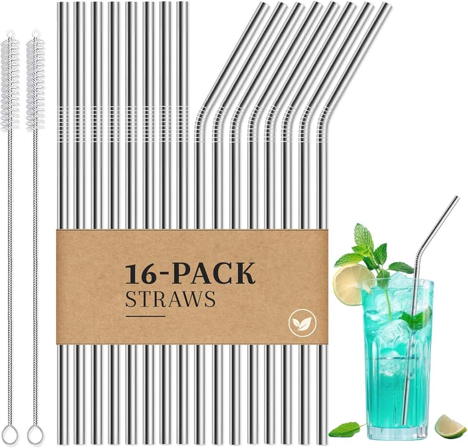 Reusable Stainless Steel Metal Straws Set, 16 Pack Silver with 2 Brushes