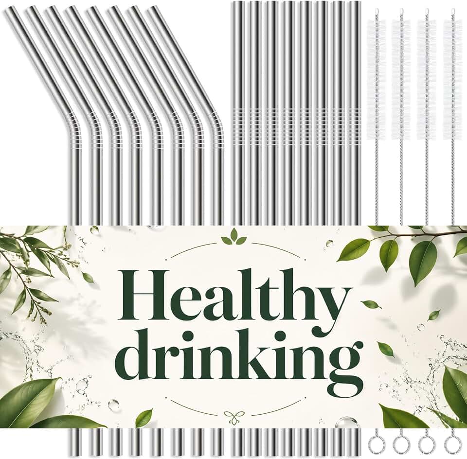 16-Pack Stainless Steel Straw,Reusable Straws – 8 Straight &amp; 8 Bent (8.5 Inch) Metal Drinking Straws with 4 Cleaning Brushes,Replacement Straws,Dishwasher Safe,Ideal for Home,Travel