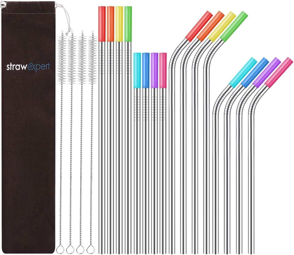 StrawExpert Set of 16 Reusable Stainless Steel Straws with Travel Case Cleaning Brush Silicone Tips Eco Friendly Extra Long Metal Straws Drinking for 20 24 30 oz Tumbler, Silver