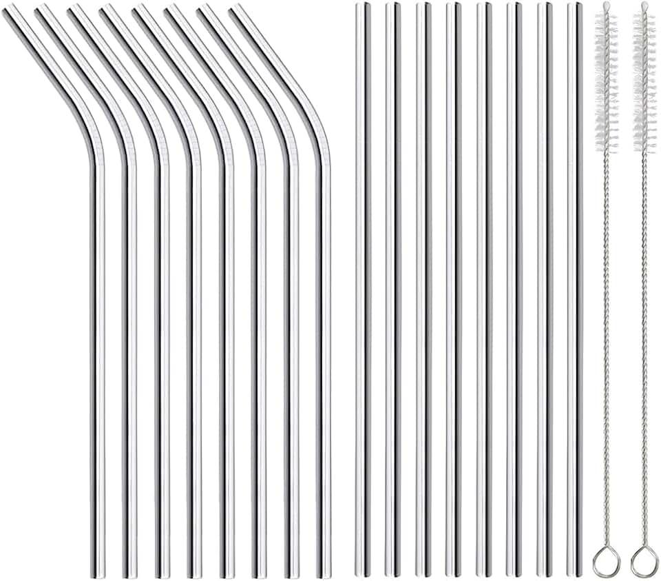 16 Pack of Reusable Stainless Steel Metal Straws | 8 Straight + 8 Bent 8.5 inch Metal Straws with 2 Cleaning Brushes, Straw Compatible with 20oz Stanley Cup
