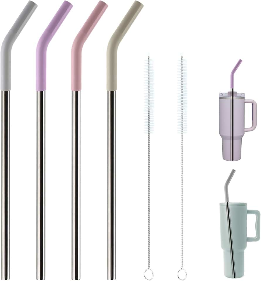 Replacement Straws for 40oz Tumblers, Stainless Steel Metal Straws, 4 Pack | Reusable,Compatible with Stanley 40oz Cup, 40 oz Tumbler Straw,12" Extra Long,3" Wide, with Silicone Tips and Brush