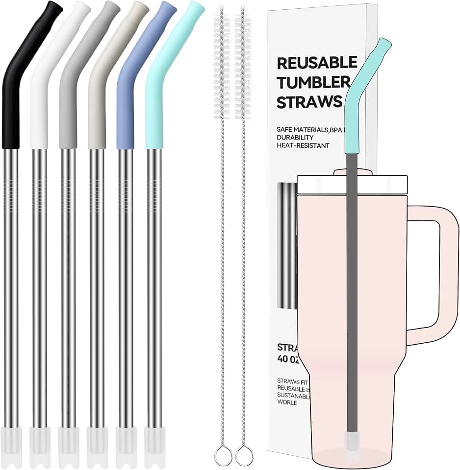 40 oz Straight Metal Straws for 40 oz Stanley Tumbler | 6 Pcs Stainless Steel Reusable Drinking Straw with Colourful Silicone Tips,Straw for Glass Cups, BPA FREE