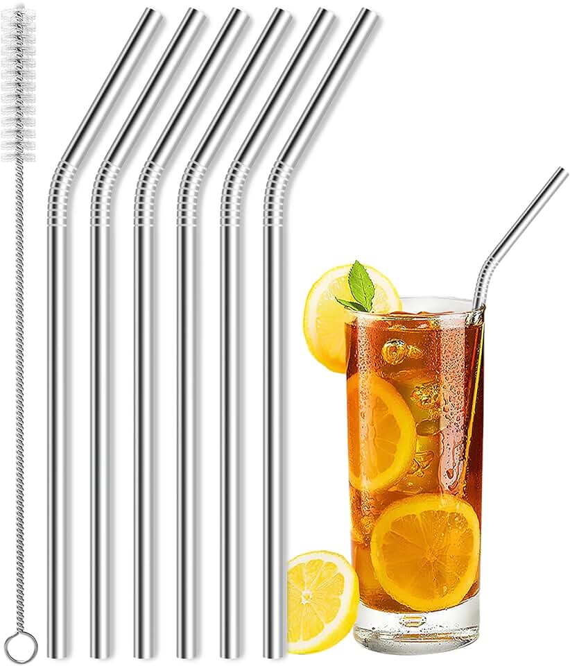 Besteek Home 6 Pcs Reusable Stainless Steel Metal Straws &amp; Cleaning Brush | 10.23'' Bent Metal Straws for 30 oz &amp; 24 &amp; 20 oz Tumblers Cups Mugs Cold Beverage Dishwasher Safe