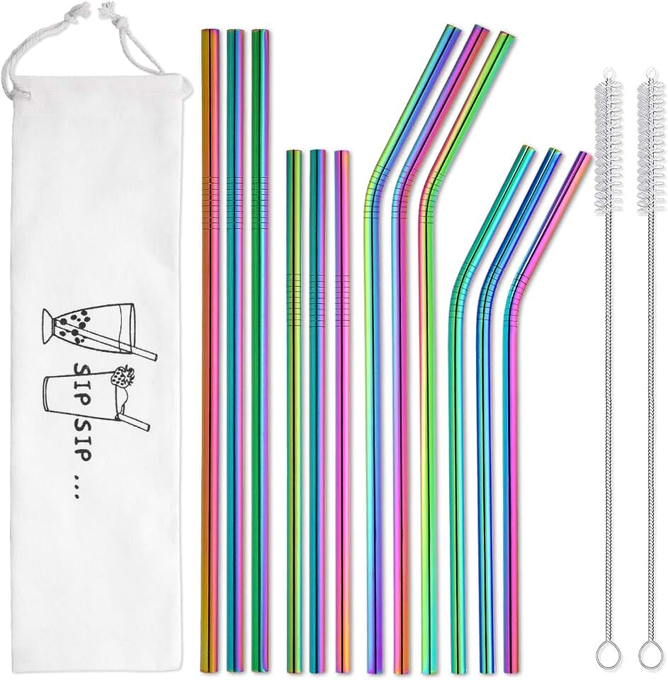 Hiware 12-Pack Rainbow Metal Straws Reusable with Case - Stainless Steel Drinking Straws for 30oz and 20oz Tumblers Dishwasher Safe, 2 Brushes Included