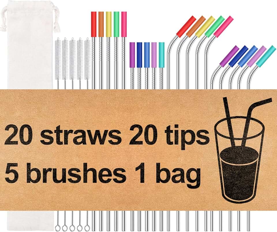 20 Pack Reusable Stainless Steel Metal Straws,10.5" &amp; 8.5" Reusable Drinking Straws with 20 Silicone Tips 5 Straw Brushes 1 Travel Case,Eco Friendly Extra Long Metal Straw Fit for 20 24 30 oz Tumbler