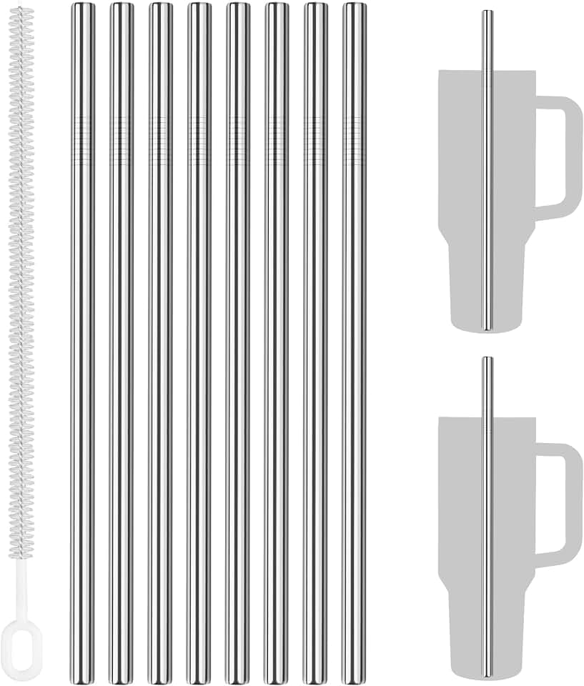 Tomorotec 8PCS Stainless Steel Straws Fit for 40oz Stanley Tumblers, Silver | 12” Metal Straws Fit for Stanley Cup with 1 Brush, Reusable Straight Drinking Straw for Smoothies Milkshakes, Dishwasher Safe
