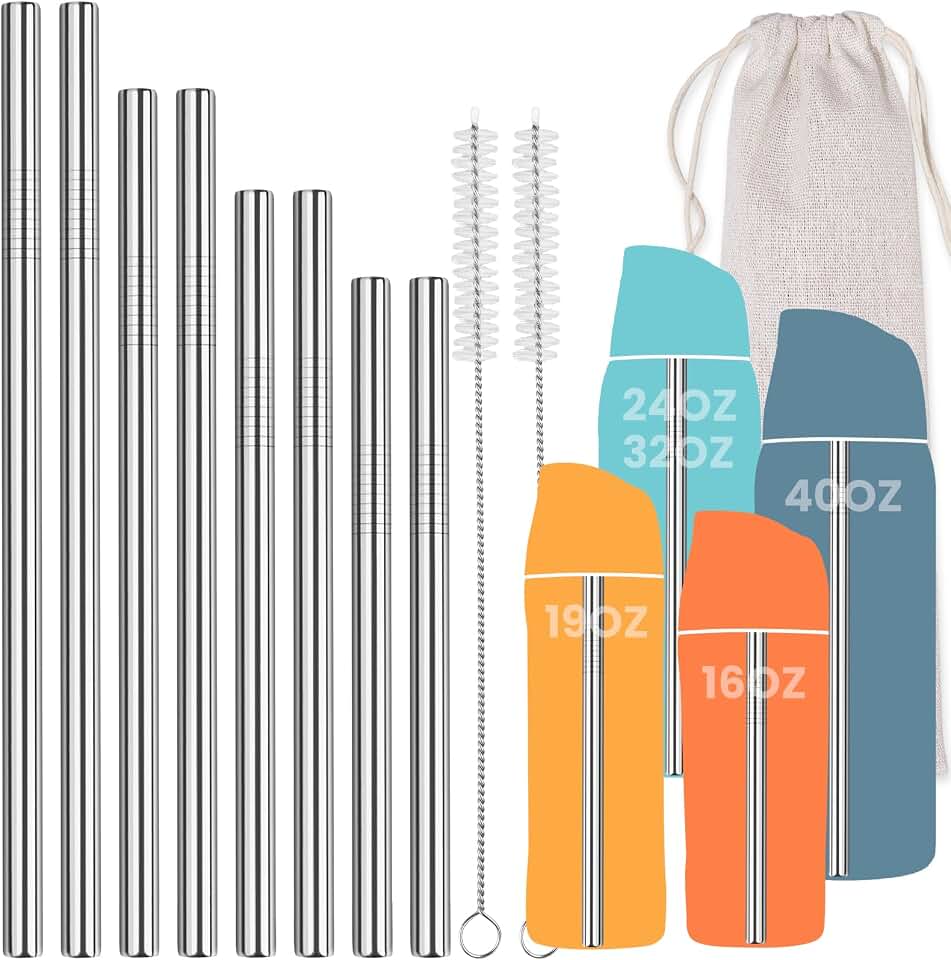 NiHome 8PCS Stainless Steel Straws Fit for Owala Bottle 16-40oz, 4 Lengths | Metal Reusable Straws Compatible with FreeSip 19oz 24oz 32oz 40oz, Tritan 25oz, Kids’ FreeSip 16oz, 2 Brushes &amp; Bag (Silver)