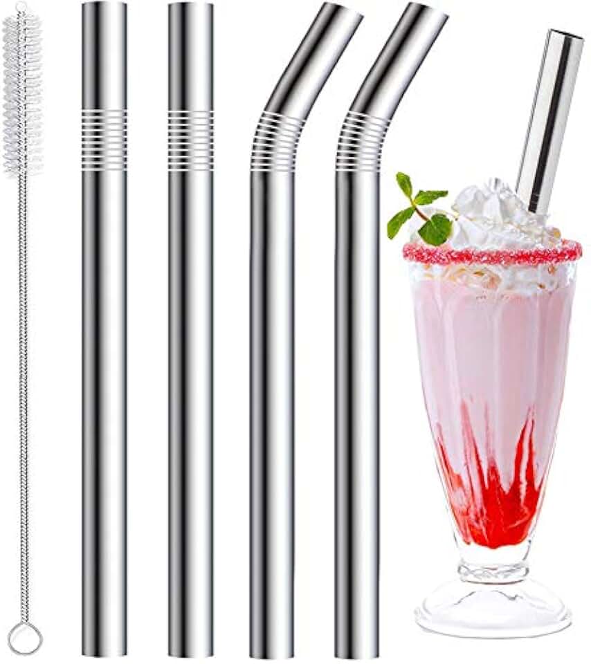 Vinaco 4 Pack 0.4" Wide Bore Reusable Stainless Steel Metal Smoothie Straws | Food-Grade Steel wide metal straws 8.5" &amp;10.5" for 20 oz&amp;30 oz tumbler, 0.4" wide bore for smoothie, milkshake, bubble, boba