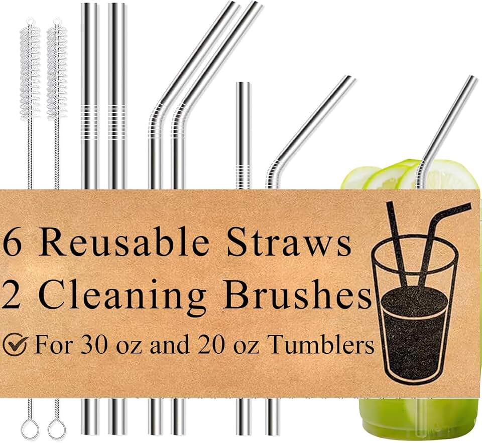 8-Pack Reusable Stainless Steel Metal Straws with Cleaning Brush - Long Metal Straws Drinking for 30 oz and 20 oz Tumbler Eco Friendly