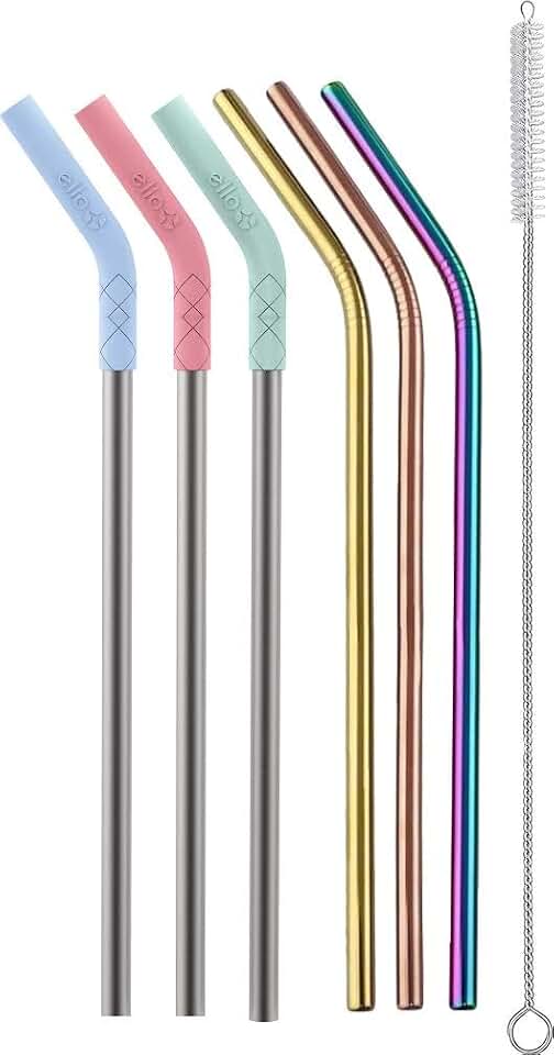 Ello Impact 6 Pack Reusable Metal Straws with Silicone Tips Made from Stainless Steel, Dishwasher Safe, BPA-Freewith Cleaning Brush, Summer Glow