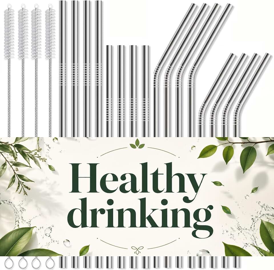 16 Pack Reusable Stainless Steel Metal Straws: 4 Straight 8.5" + 4 Bent 8.5" + 4 Straight 10.5" + 4 Bent 10.5", with 4 Cleaning Brushes, Dishwasher Safe for 20 24 30 oz Tumblers