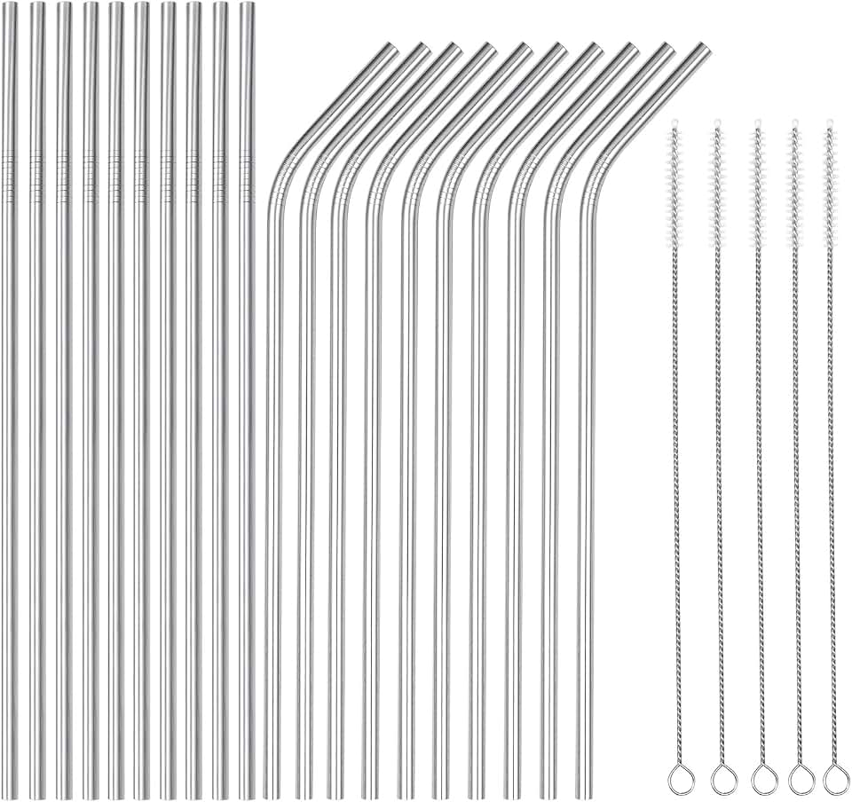 wholesale 25 Piece Set Stainless Steel Straws Ultra Long 10.5 Inch Drinking Metal Straws Reusable Drinking Straws for 20 30 OZ (10 Straight | 10 Bent | 5 Brushes)