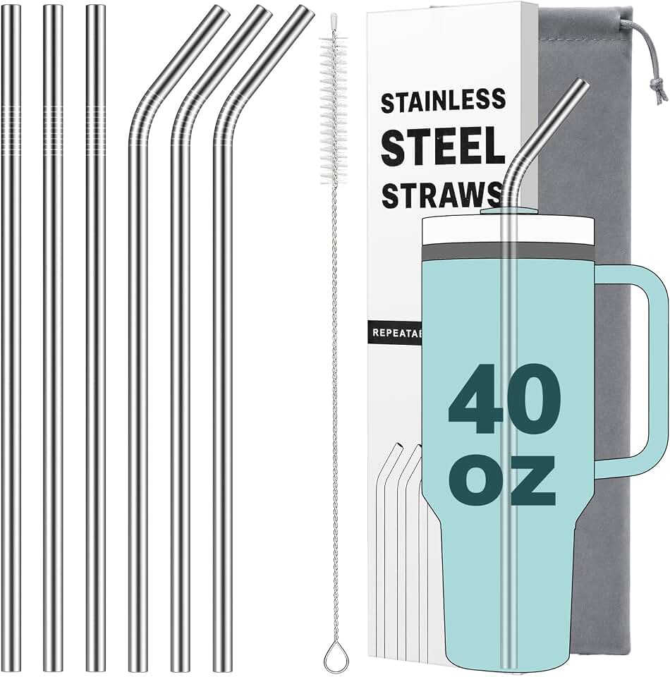 6 Pack Metal Straws for Stanley 40 oz Tumbler, Stainless Steel Reusable | Replacement Straws with Cleaning Brush &amp; Storage Bag Compatible for Stanley Quencher 40oz Cup (3x Straight &amp; 3x Bent)
