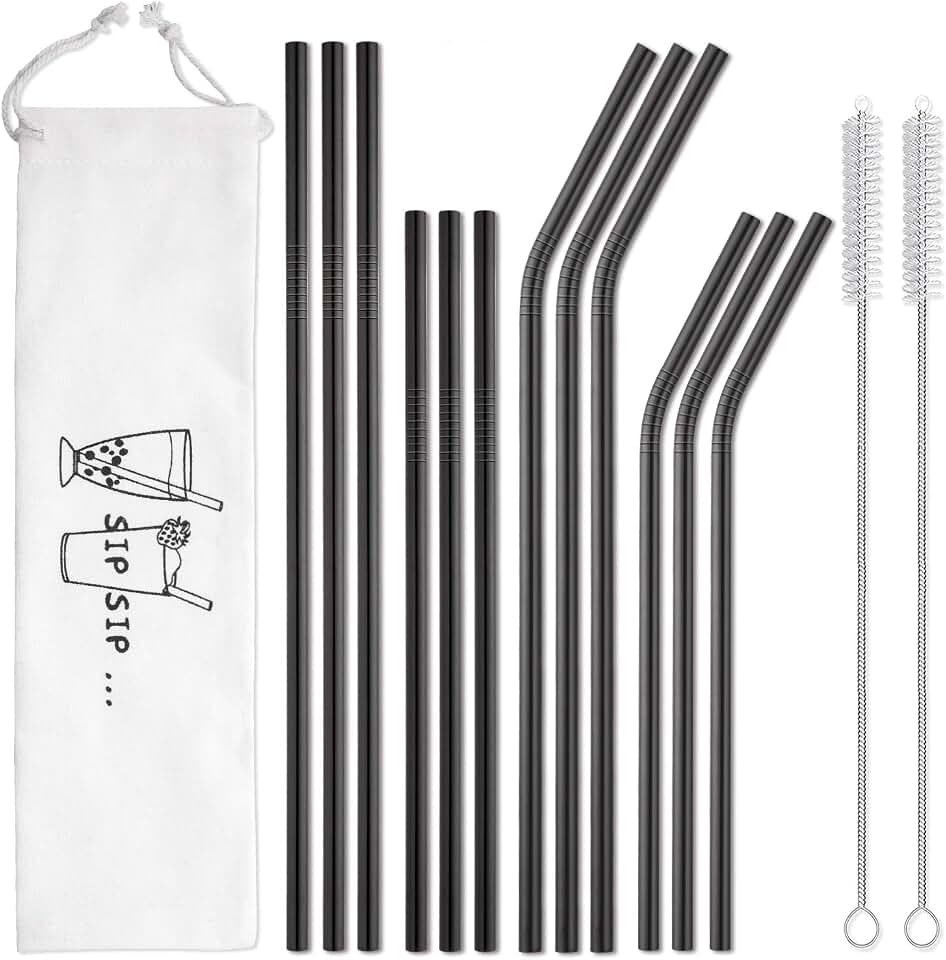Hiware 12-Pack Black Stainless Steel Straws Reusable with Case - Metal Drinking Straws for 30oz and 20oz Tumblers Dishwasher Safe, 2 Cleaning Brushes Included