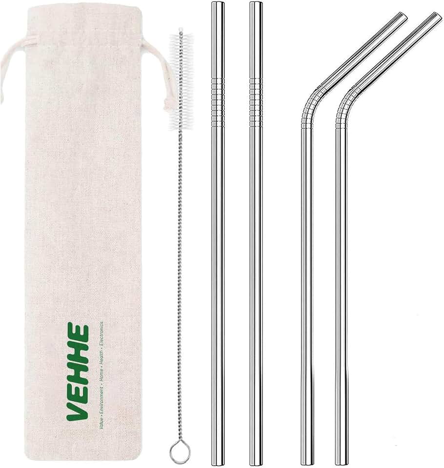 VEHHE Metal Straws, Stainless Steel Reusable Straws Set (2 Straight|2 Bent) | Silver | 10.5" Extra Long Design Fits Tall Tumblers | 304 Stainless Steel | Includes Cleaning Brush for Easy Maintenance