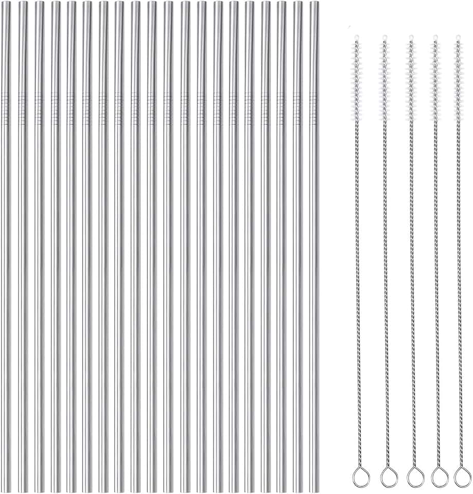 25 Piece Set Stainless Steel Straws Ultra Long 10.5 Inch Drinking Metal Straws Reusable Drinking Straws for 20 30 OZ (20 Straight| 5 Brushes)