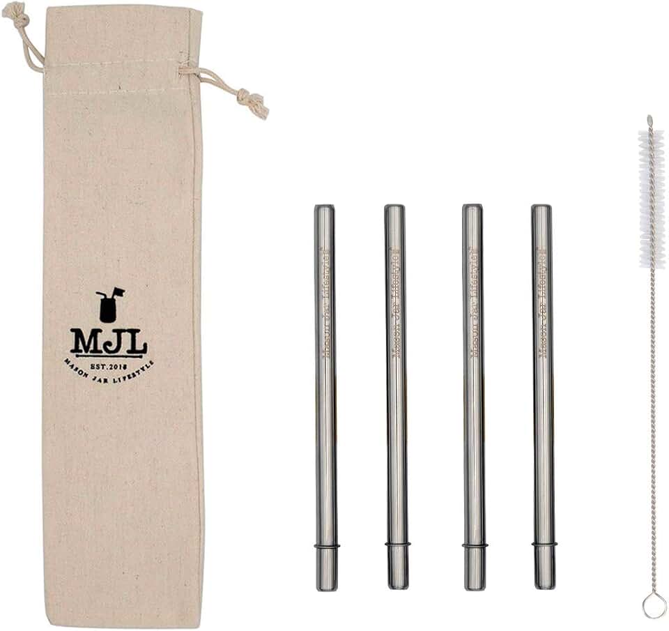Short 5 3/4" Safer Rounded End Stainless Steel Smoothie Straws for Half Pint Mason Jars, Coffee Mugs, Small Glasses, Cocktail Drinks (4 Pack + Cleaning Brush)