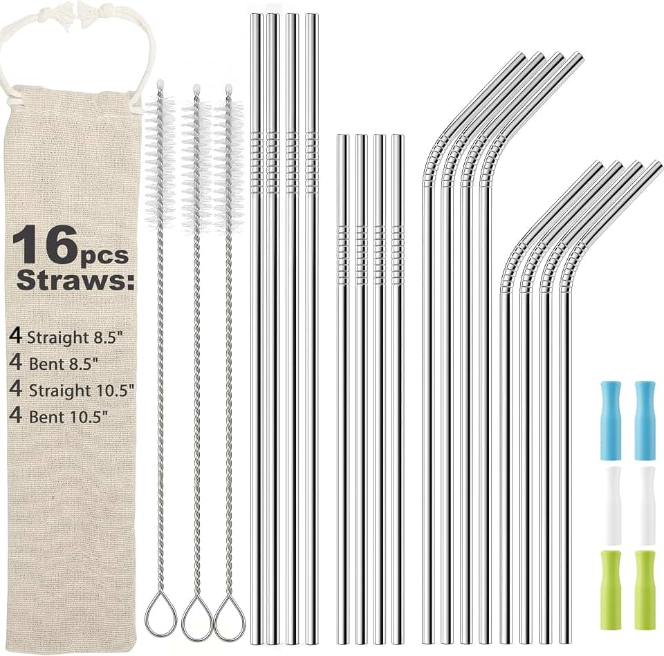 16 Pack Reusable Stainless Steel Metal Straws for Tumblers, 8pcs 8.5" + 8pcs10.5", Comes with 6 Silicone Tips, 3 Cleaning Brushes &amp; Storage Pouch, BPA Free Drinking Straws