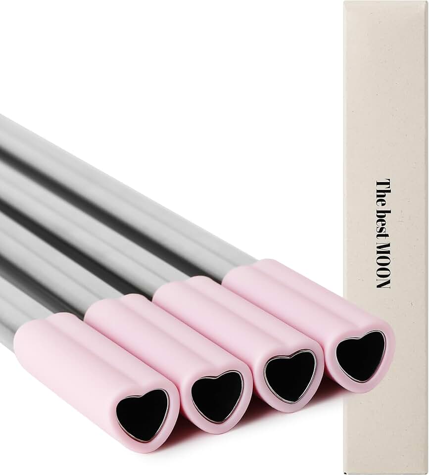 The best MOON Heart shaped Metal Straws with Pink Silicone tips Reusable | 4 Stainless Steel straws for Tumbler 20 oz Accessories Christmas Birthday Valentines Galentines Day Gift with Cleaner Blush