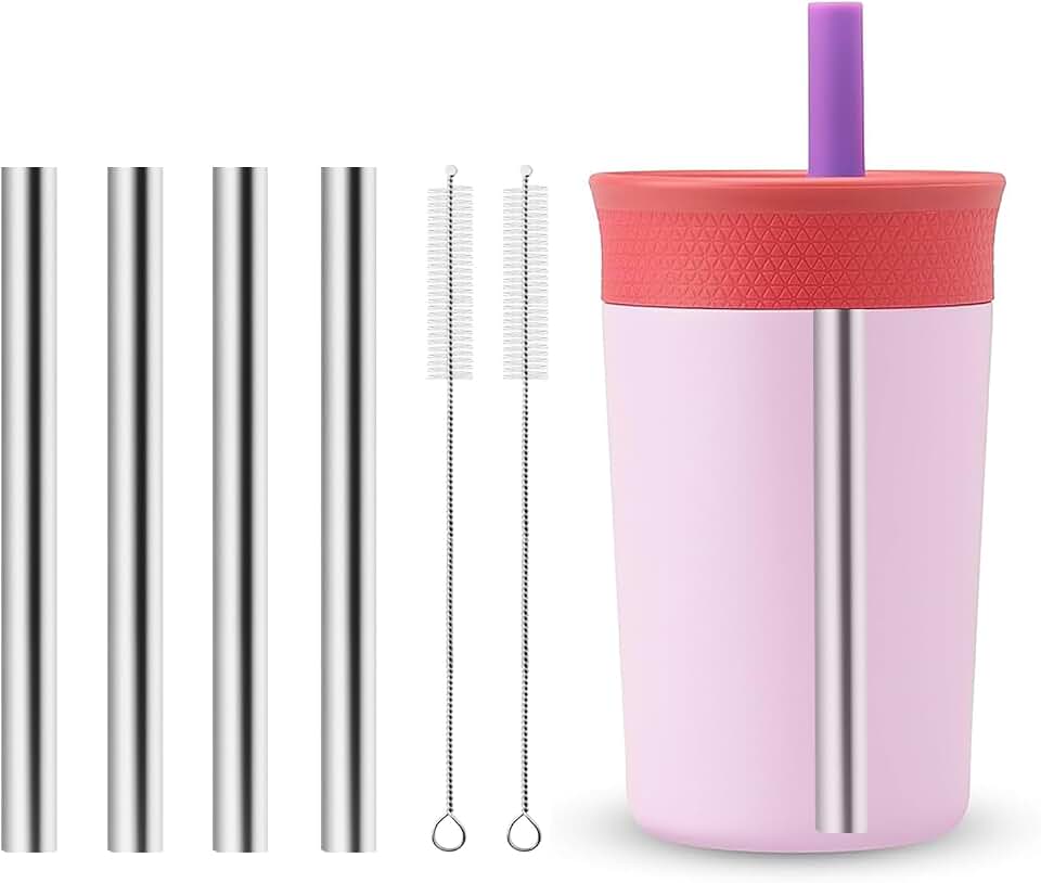 Metal Straw Replacement Compatible With Owala Kids Tumbler Cup 12oz &amp; 15oz, Stainless Steel Straws for Owala Kids Water Bottle Accessories, With 2 Straw Cleaner, Reusable - 4Pcs
