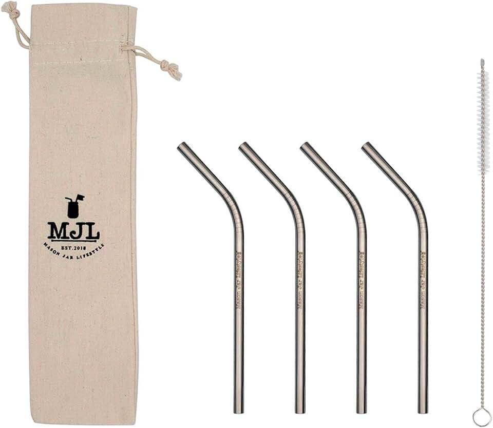 Short Stainless Steel Straws, 6 Inch Bent Thin Metal Straws with Cleaning Brush &amp; Bag, Reusable Drinking Straw for Cocktail, Small Cups, Half Pint Mason Jars, Portable Metal Straw