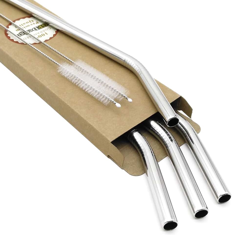Big Drinking Straws Reusable 12 Inches Extra Long 9mm Extra Wide SUS 304 Food-Grade 18/8 Stainless Steel - Set of 4 with 2 Cleaning Brushes - Bent