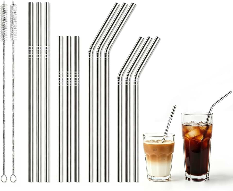 12 Pack Reusable Stainless Steel Metal Drinking Straws: 3 Bent + 3 Straight 8.5 in and 3 Bent + 3 Straight 10.5 in, Includes 2 Cleaning Brushes, Fits 20-30 oz Tumblers, Dishwasher Safe