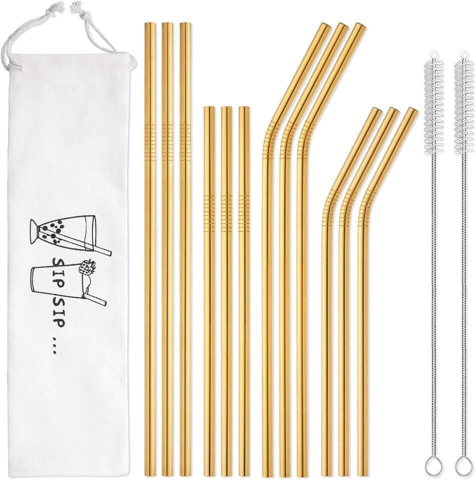 Hiware 12-Pack Gold Stainless Steel Straws Reusable with Case - Metal Drinking Straws for 30oz &amp; 20oz Tumblers Dishwasher Safe, 2 Brushes Included