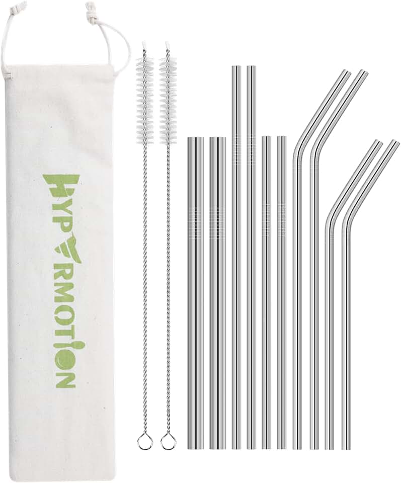 Hypermotion Stainless Steel Straw, Food Grade Reusable Metal Drinking Straw Set with 2 Cleaning Brushes and Carry Pouch for Smoothie, Milkshake, Cocktail and Hot Drinks